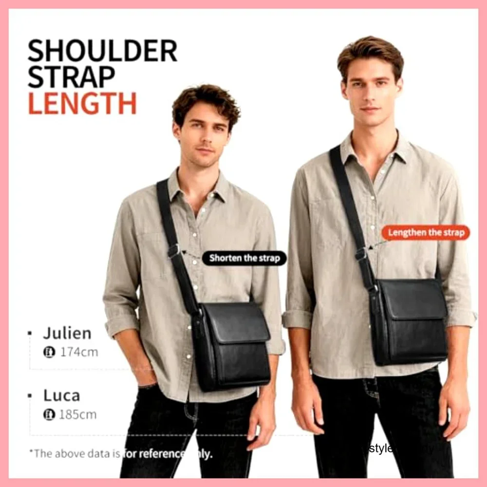 Genuine Cowhide Leather Messenger Bag Adjustable Straps YKK Zipper